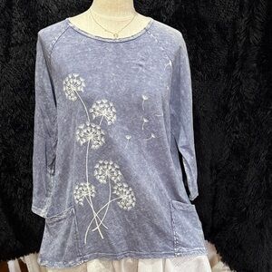 Jess & Jane Casual Blue Long Sleeve Top with Floral Design